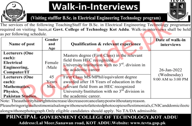 TEACHING STAFF REQUIRED FOR B.Sc AT GOVERNMENT COLLEGE OF TECHNOLOGY KOT ADDU